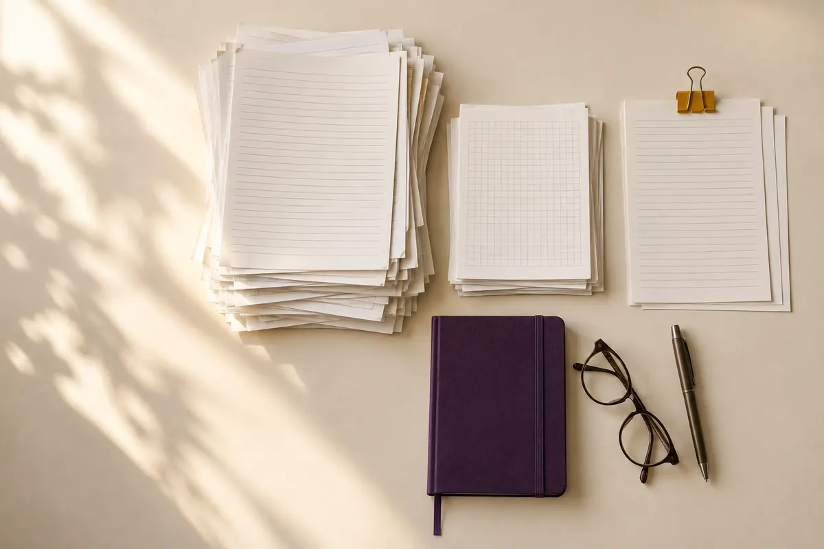 Three piles of papers on a desk, the first tall, the second smaller, the third only three sheets held by an amber binder clip, with a purple notebook, glasses and a pen