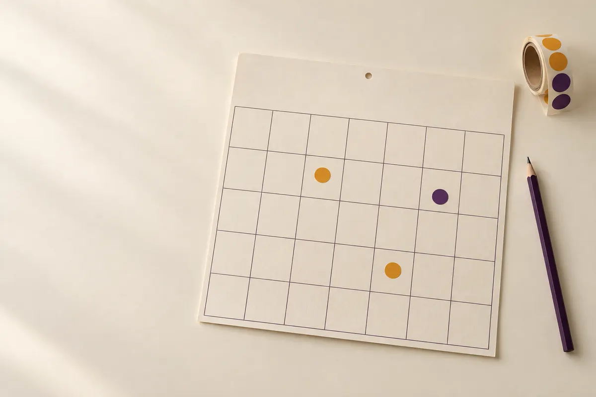 A paper month calendar with blank day squares and three round stickers, two amber and one purple, beside a roll of dot stickers and a purple pencil