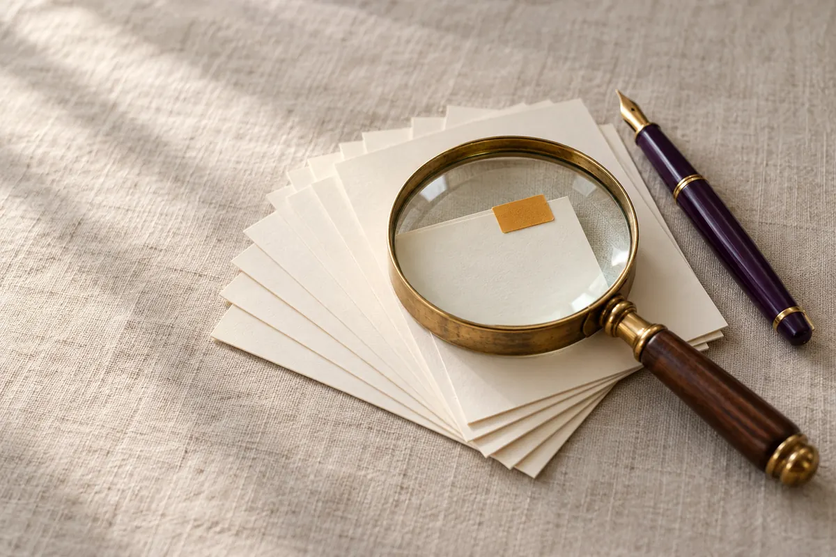 A brass magnifying glass resting on a fan of blank index cards, one with a small amber tab, beside a purple fountain pen