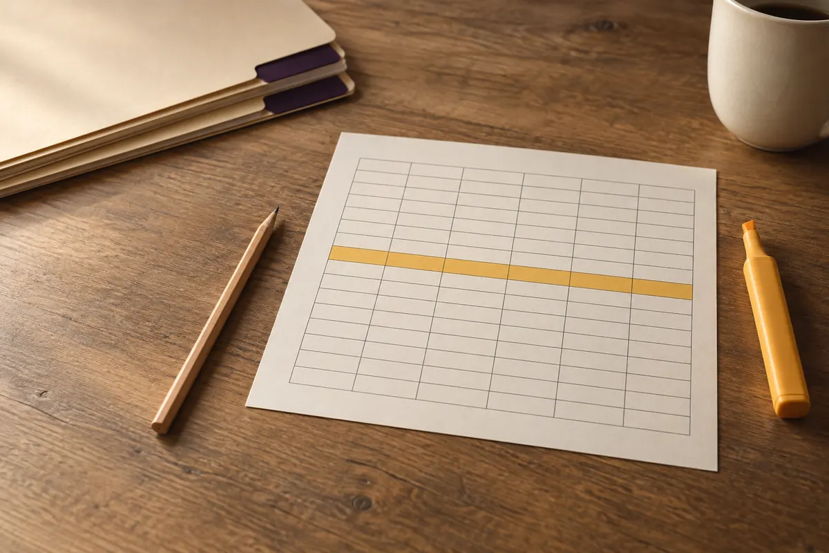 A printed spreadsheet grid on a wooden desk with one row highlighted in amber, a highlighter, a pencil, folders and a coffee mug